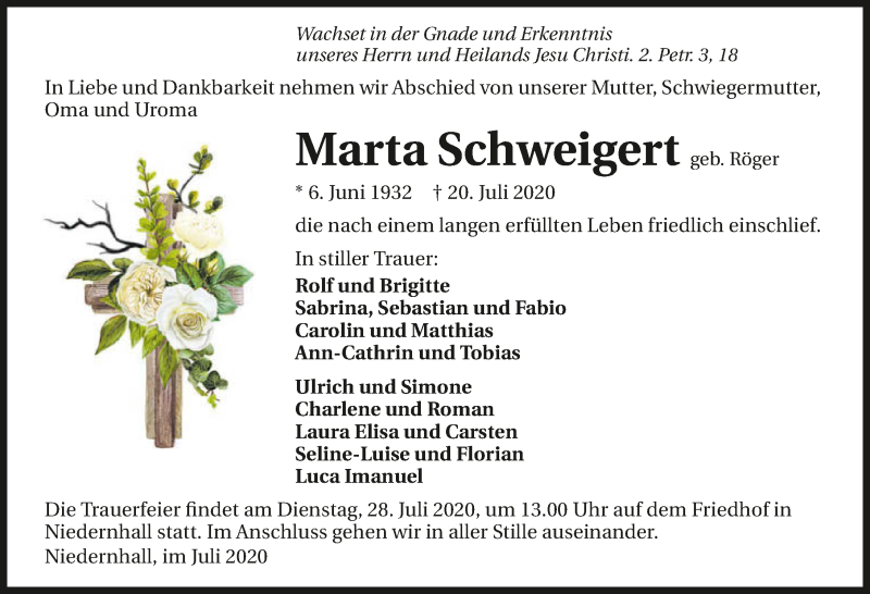  Traueranzeige für Marta Schweigert vom 24.07.2020 aus GESAMT