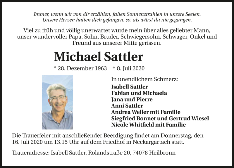  Traueranzeige für Michael Sattler vom 11.07.2020 aus GESAMT