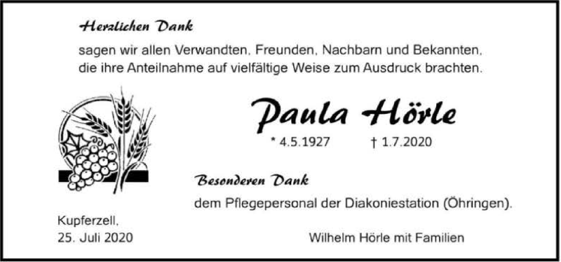  Traueranzeige für Paula Hörle vom 25.07.2020 aus GESAMT