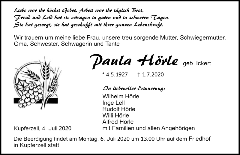  Traueranzeige für Paula Hörle vom 04.07.2020 aus GESAMT