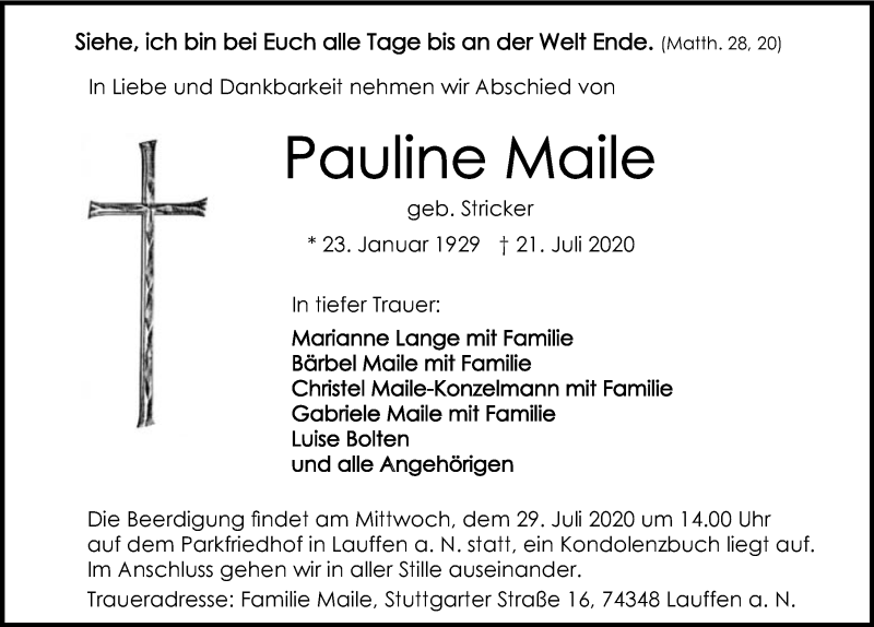  Traueranzeige für Pauline Maile vom 25.07.2020 aus GESAMT