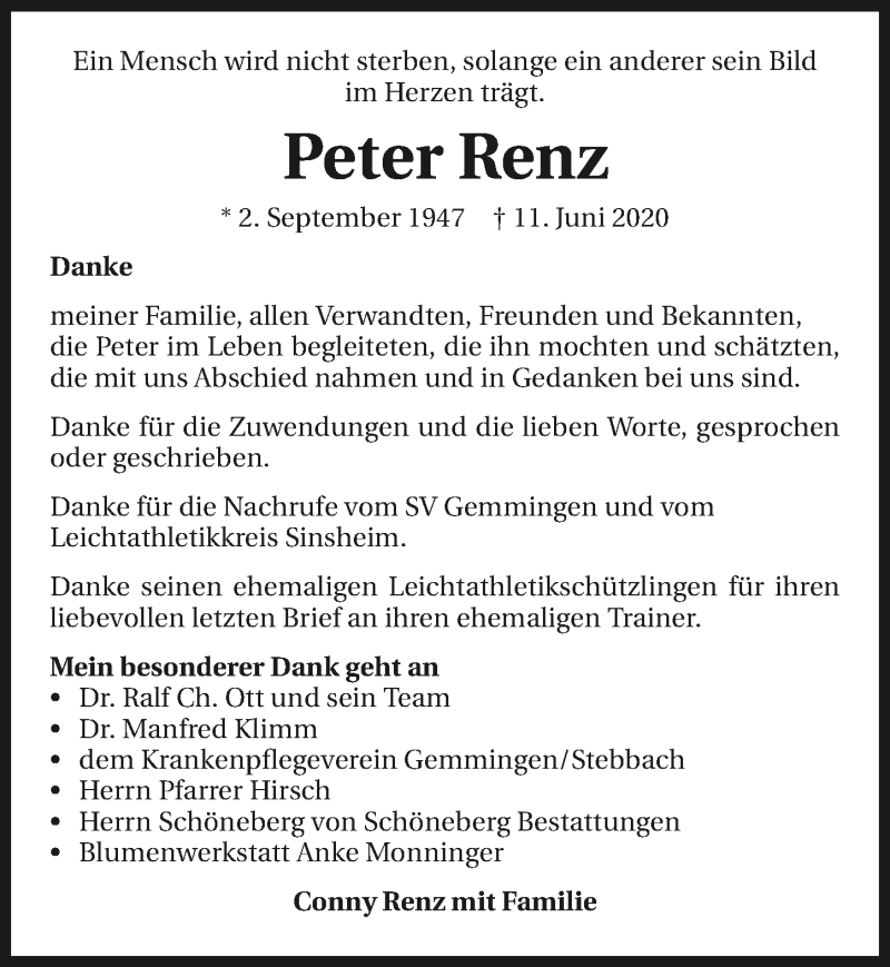 Traueranzeige für Peter Renz vom 04.07.2020 aus GESAMT