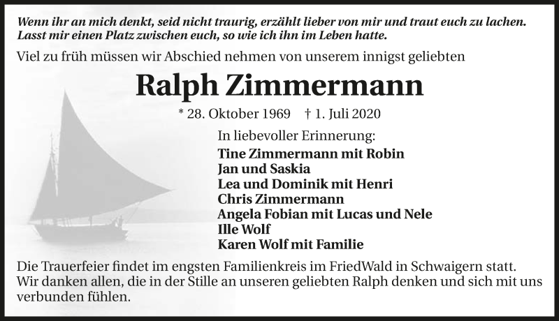  Traueranzeige für Ralph Zimmermann vom 04.07.2020 aus GESAMT