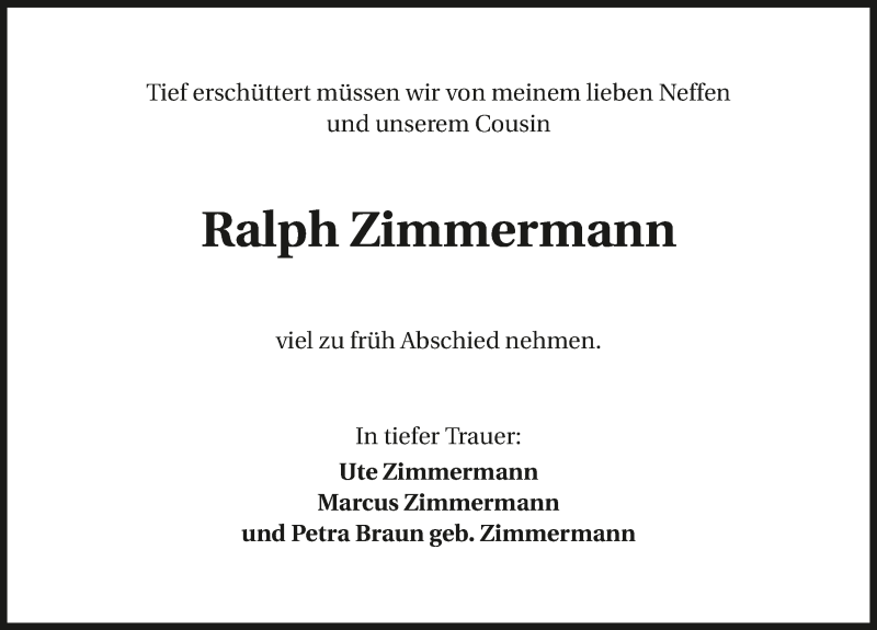  Traueranzeige für Ralph Zimmermann vom 07.07.2020 aus GESAMT