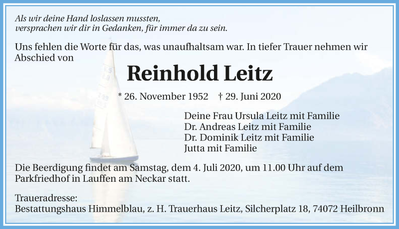 Traueranzeige für Reinhold Leitz vom 02.07.2020 aus 