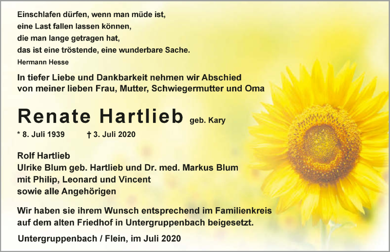  Traueranzeige für Renate Hartlieb vom 11.07.2020 aus GESAMT
