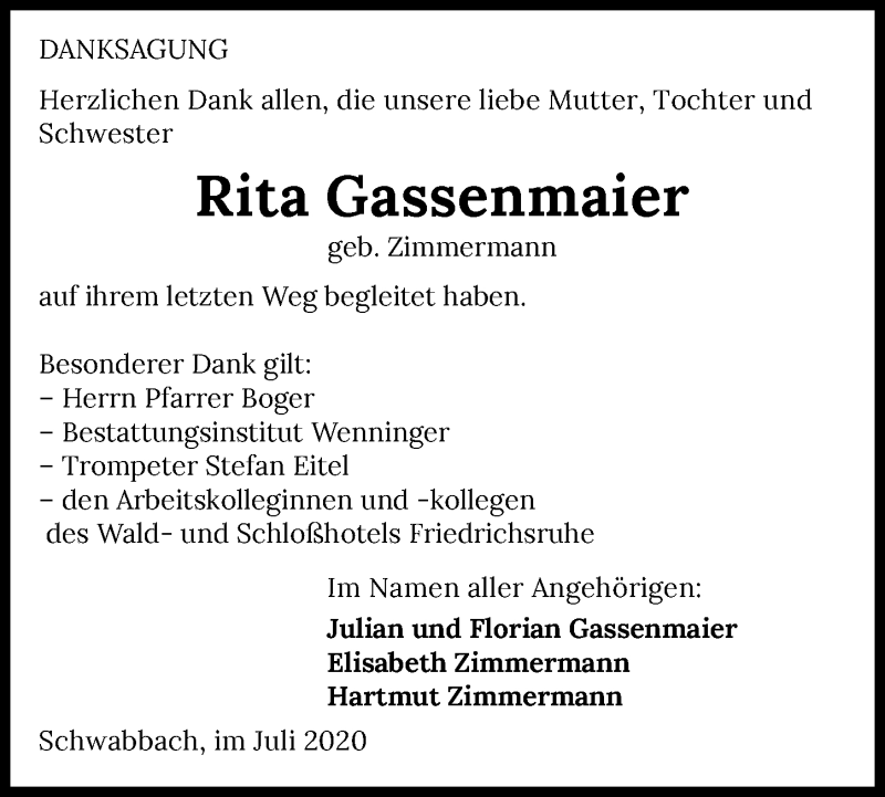  Traueranzeige für Rita Gassenmaier vom 28.07.2020 aus GESAMT