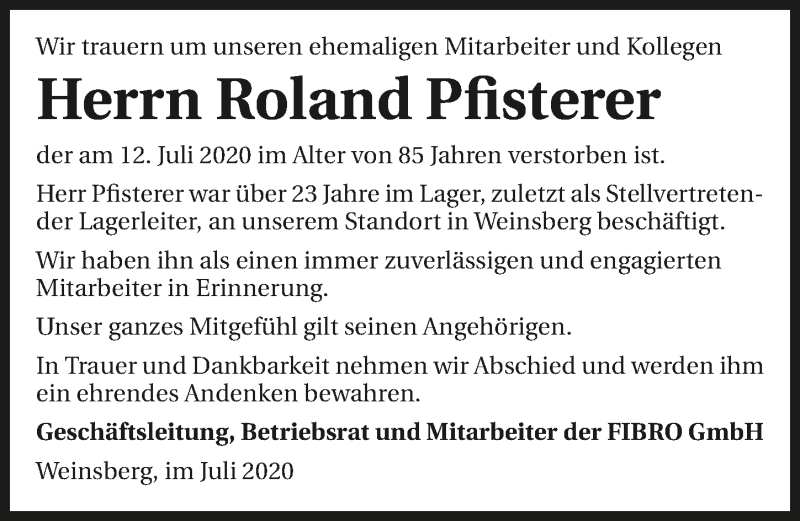  Traueranzeige für Roland Pfisterer vom 25.07.2020 aus GESAMT