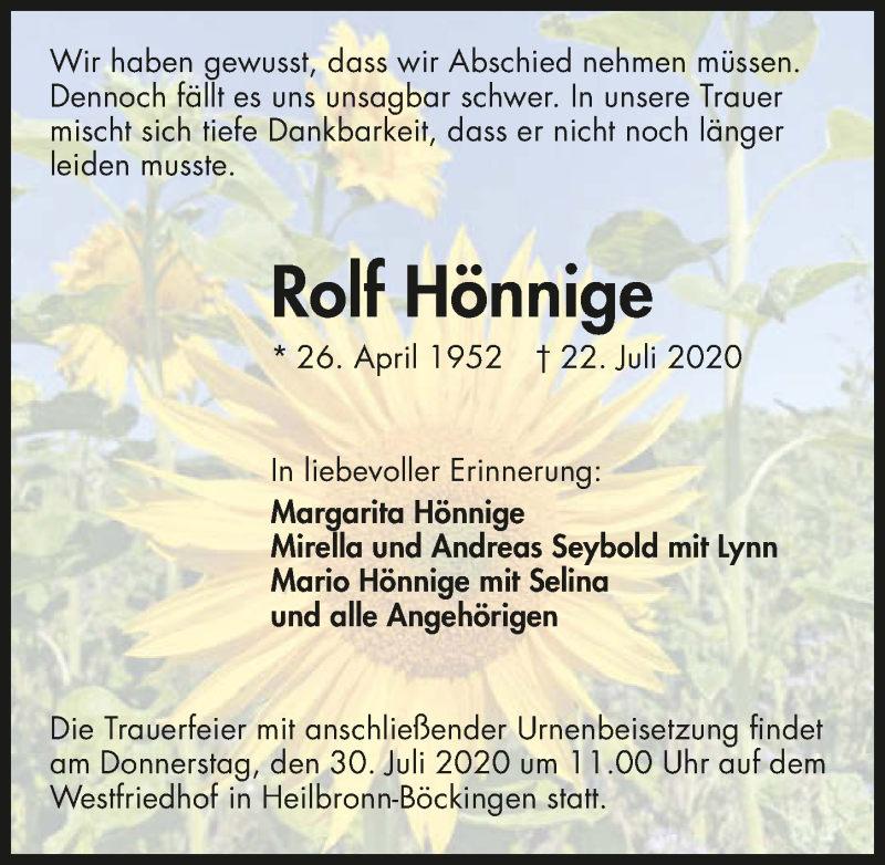  Traueranzeige für Rolf Hönnige vom 25.07.2020 aus GESAMT