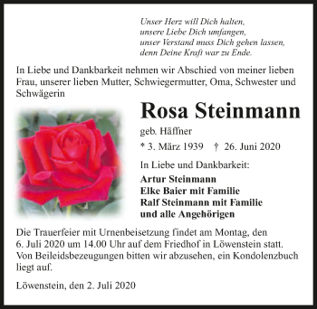 Traueranzeige von Rosa Steinmann 