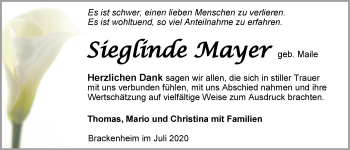 Traueranzeige von Sieglinde Mayer von GESAMT