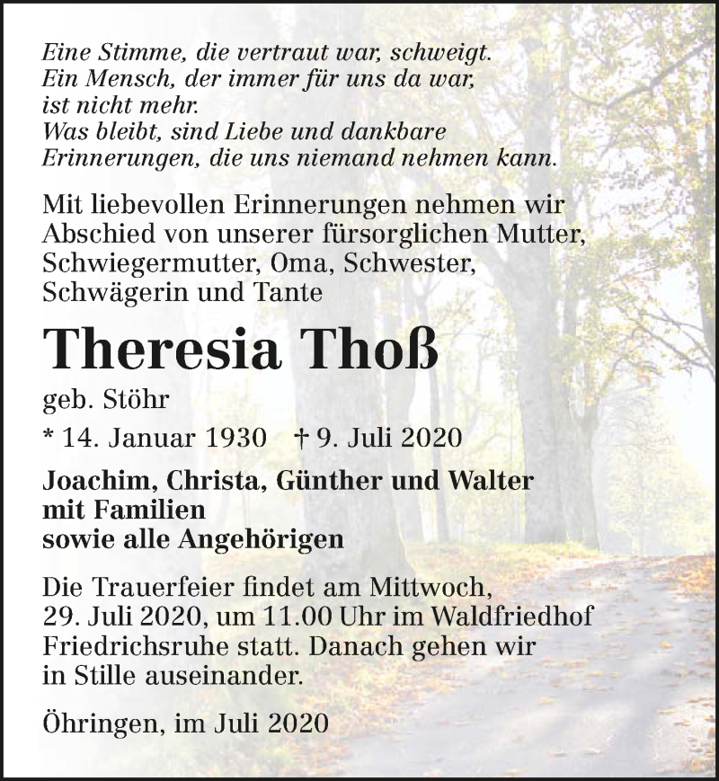  Traueranzeige für Theresia Thoß vom 25.07.2020 aus GESAMT
