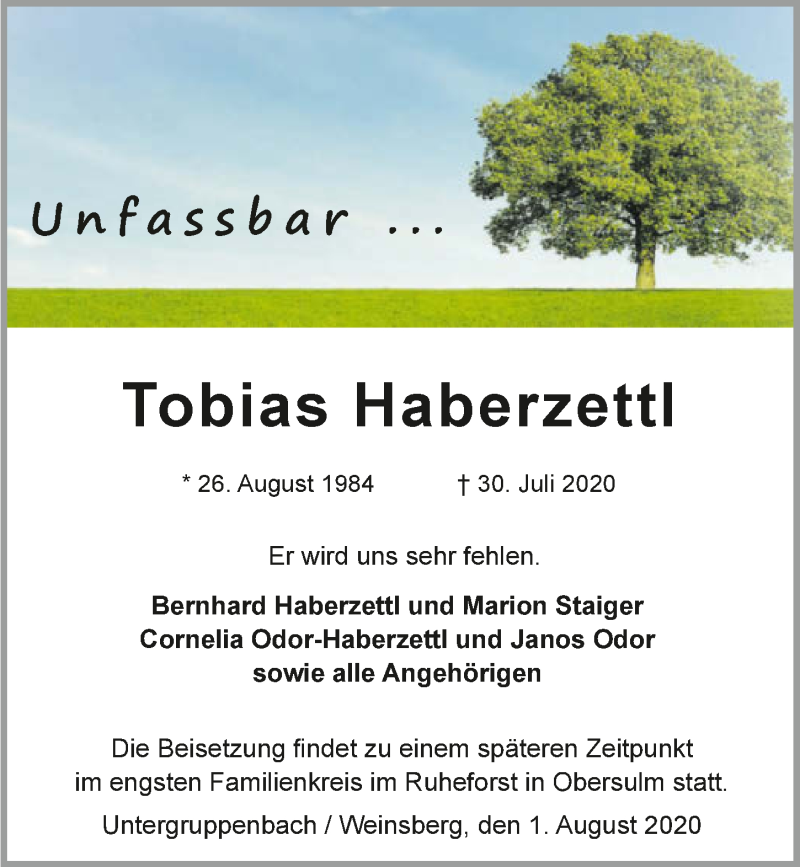  Traueranzeige für Tobias Haberzettl vom 01.08.2020 aus GESAMT