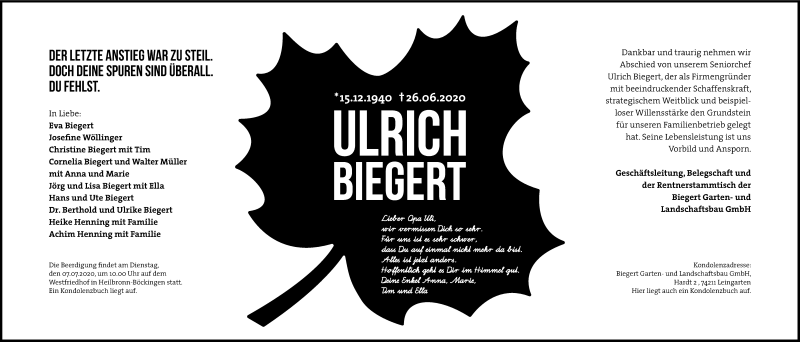  Traueranzeige für Ulrich Biegert vom 04.07.2020 aus GESAMT