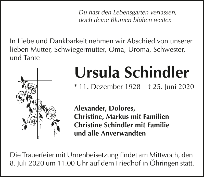  Traueranzeige für Ursula Schindler vom 04.07.2020 aus GESAMT