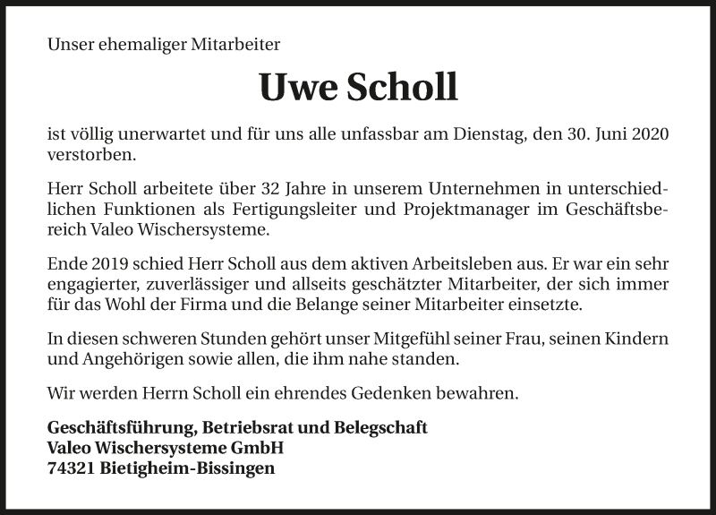  Traueranzeige für Uwe Scholl vom 18.07.2020 aus GESAMT