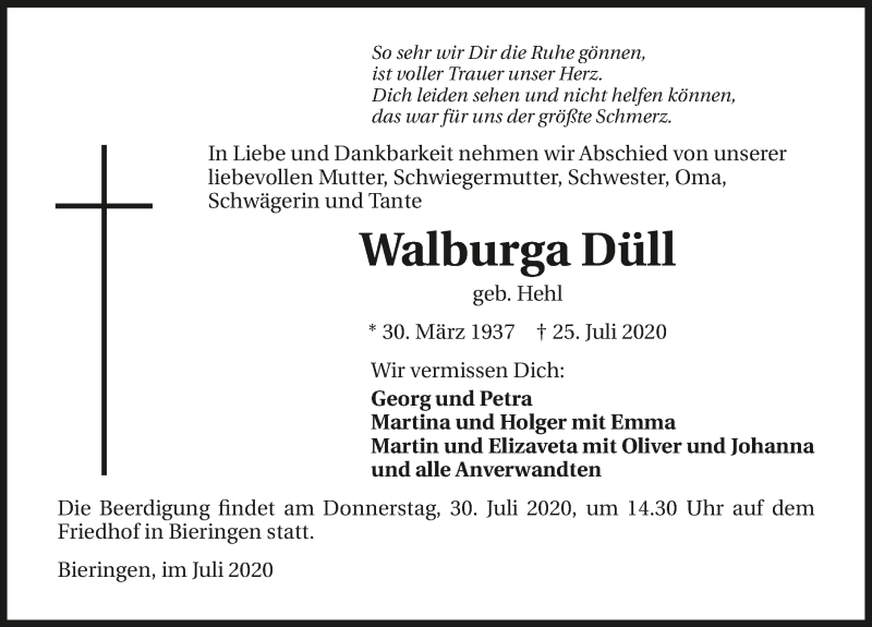  Traueranzeige für Walburga Düll vom 28.07.2020 aus GESAMT
