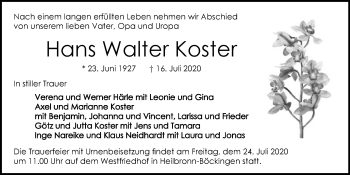 Traueranzeige von Walter Koster von GESAMT