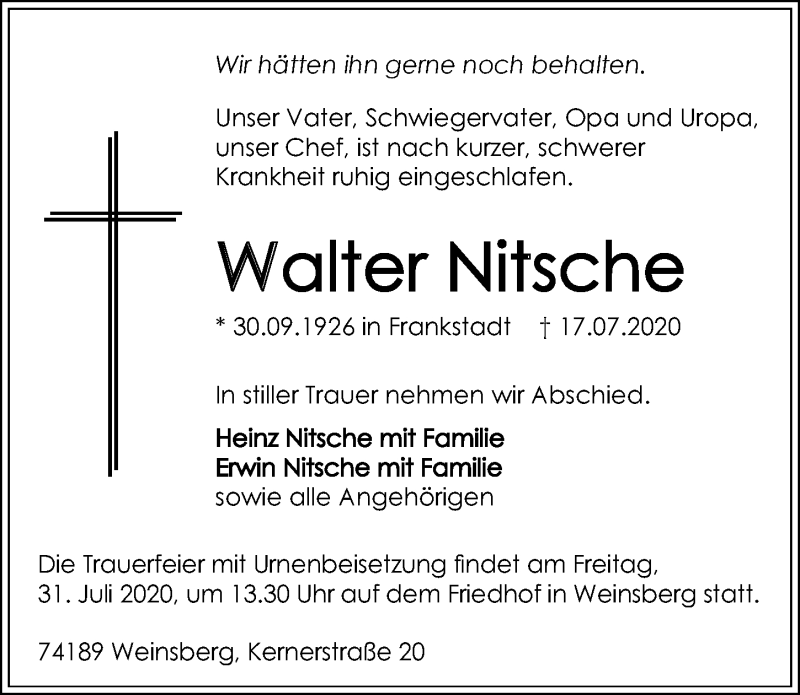  Traueranzeige für Walter Nitsche vom 25.07.2020 aus GESAMT