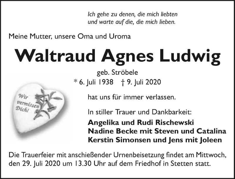  Traueranzeige für Waltraud Agnes Ludwig vom 25.07.2020 aus GESAMT