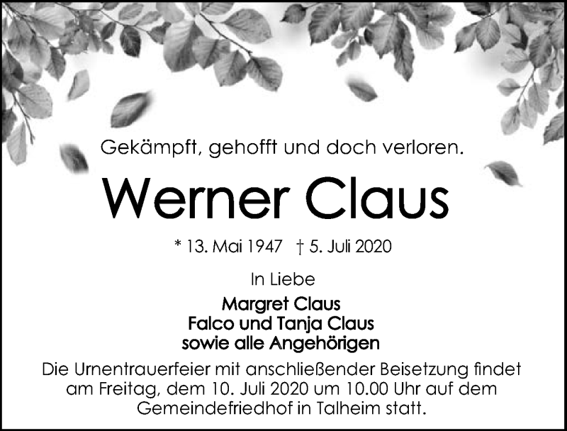  Traueranzeige für Werner Claus vom 08.07.2020 aus GESAMT