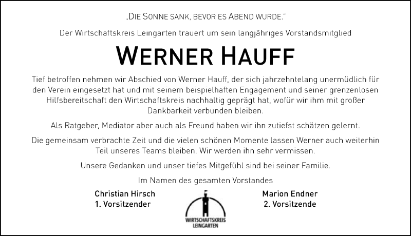  Traueranzeige für Werner Hauff vom 04.07.2020 aus GESAMT