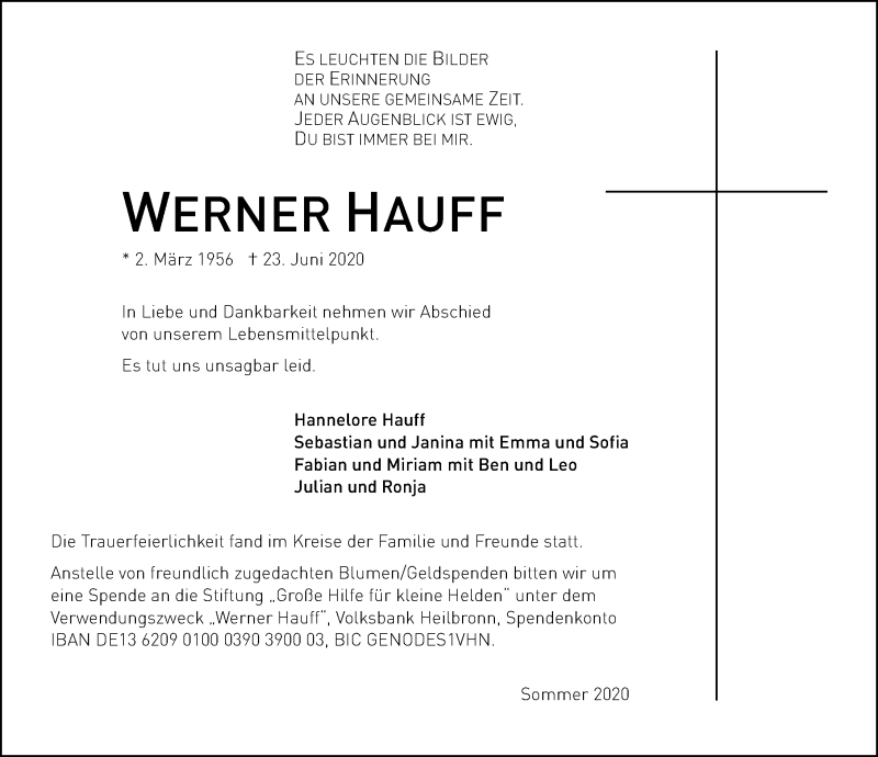  Traueranzeige für Werner Hauff vom 04.07.2020 aus GESAMT
