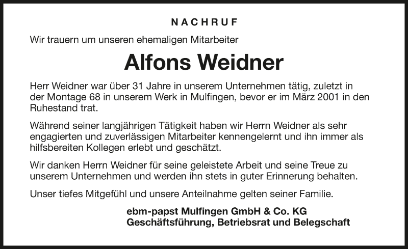  Traueranzeige für Alfons Weidner vom 06.08.2020 aus GESAMT