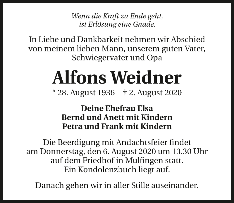  Traueranzeige für Alfons Weidner vom 05.08.2020 aus GESAMT