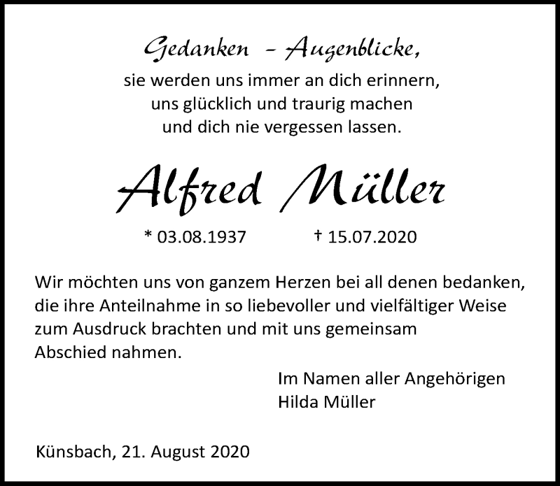  Traueranzeige für Alfred Müller vom 21.08.2020 aus GESAMT