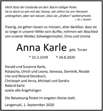 Traueranzeige von Anna Karle von GESAMT