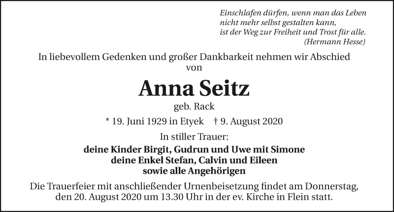  Traueranzeige für Anna Seitz vom 17.08.2020 aus GESAMT