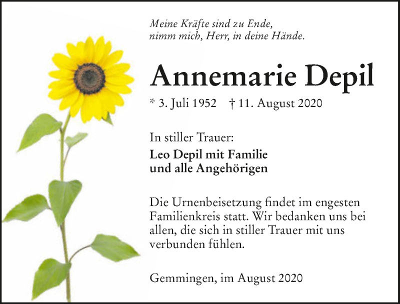  Traueranzeige für Annemarie Depil vom 15.08.2020 aus GESAMT