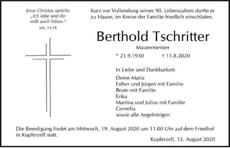  Traueranzeige für Berthold Tschritter vom 15.08.2020 aus GESAMT