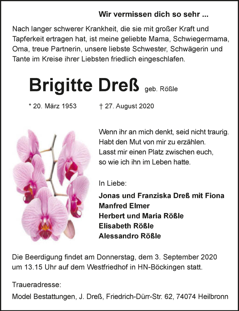  Traueranzeige für Brigitte Dreß vom 29.08.2020 aus GESAMT