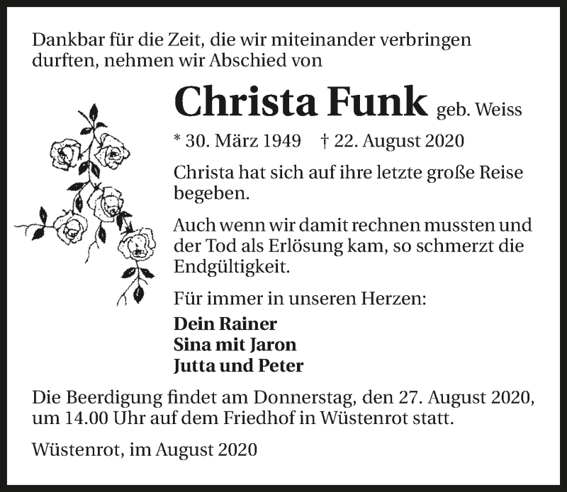  Traueranzeige für Christa Funk vom 25.08.2020 aus GESAMT