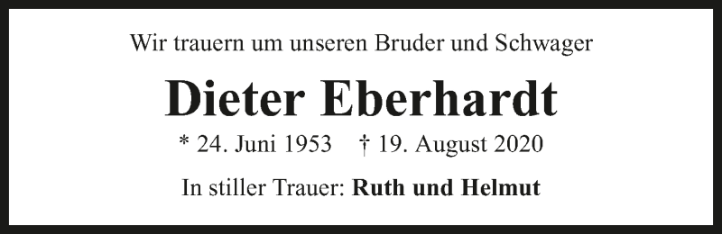  Traueranzeige für Dieter Eberhardt vom 22.08.2020 aus GESAMT
