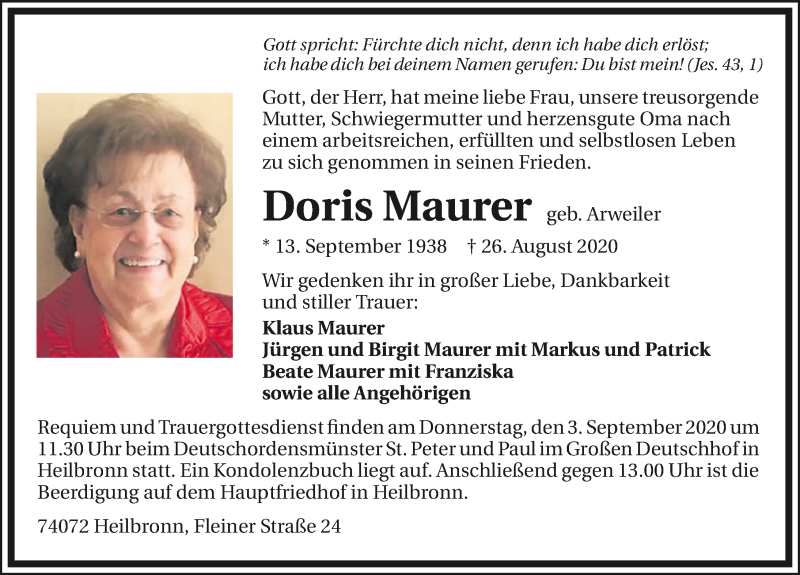  Traueranzeige für Doris Maurer vom 29.08.2020 aus GESAMT