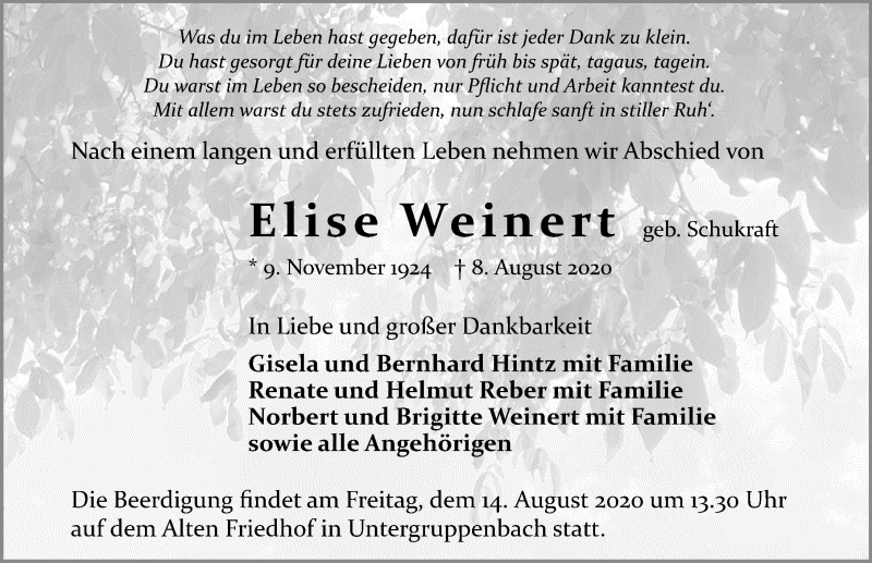  Traueranzeige für Elise Weinert vom 12.08.2020 aus GESAMT