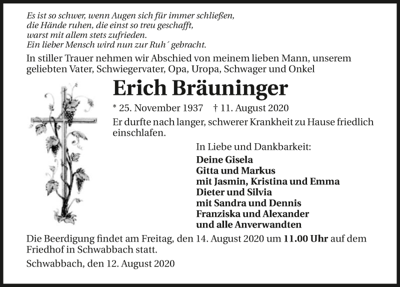  Traueranzeige für Erich Bräuninger vom 12.08.2020 aus GESAMT