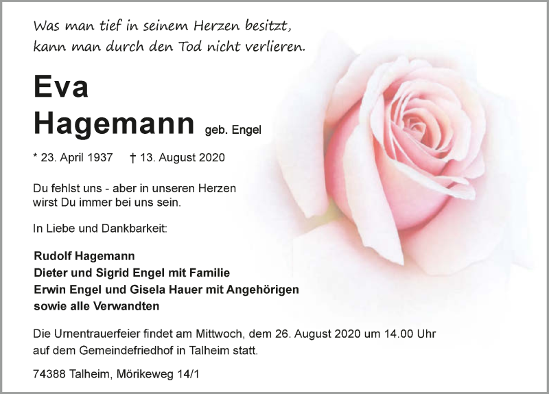  Traueranzeige für Eva Hagemann vom 22.08.2020 aus GESAMT