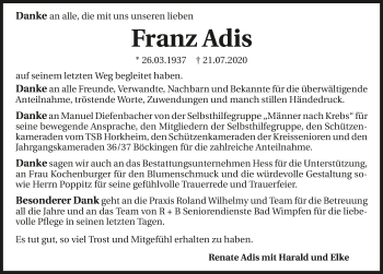 Traueranzeige von Franz Adis von GESAMT