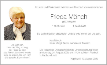 Traueranzeige von Frieda Mönch von GESAMT