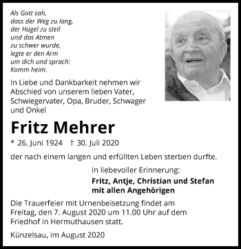 Traueranzeige von Fritz Mehrer von GESAMT