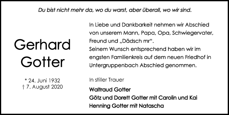  Traueranzeige für Gerhard Gotter vom 22.08.2020 aus GESAMT