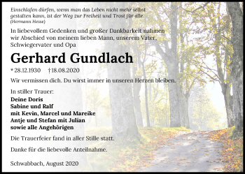 Traueranzeige von Gerhard Gundlach von GESAMT
