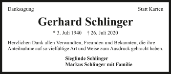 Traueranzeige von Gerhard Schlinger