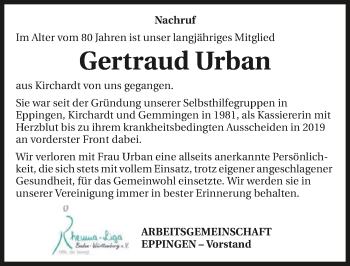 Traueranzeige von Gertraud Urban von GESAMT