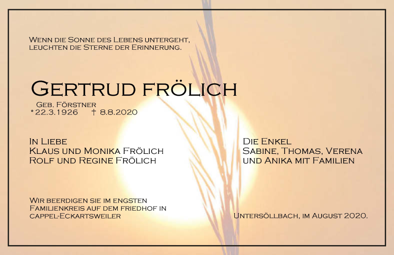  Traueranzeige für Gertrud Frölich vom 11.08.2020 aus GESAMT