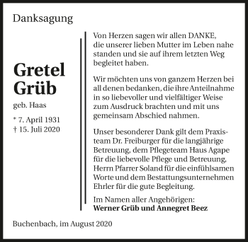 Traueranzeige von Gretel Grüb von GESAMT